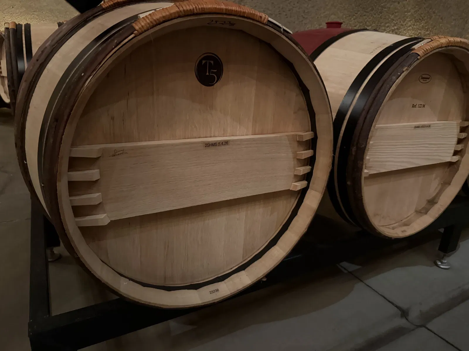 Taransaud T5 barrel among the different cooperage formats in the Dana Estates cave
