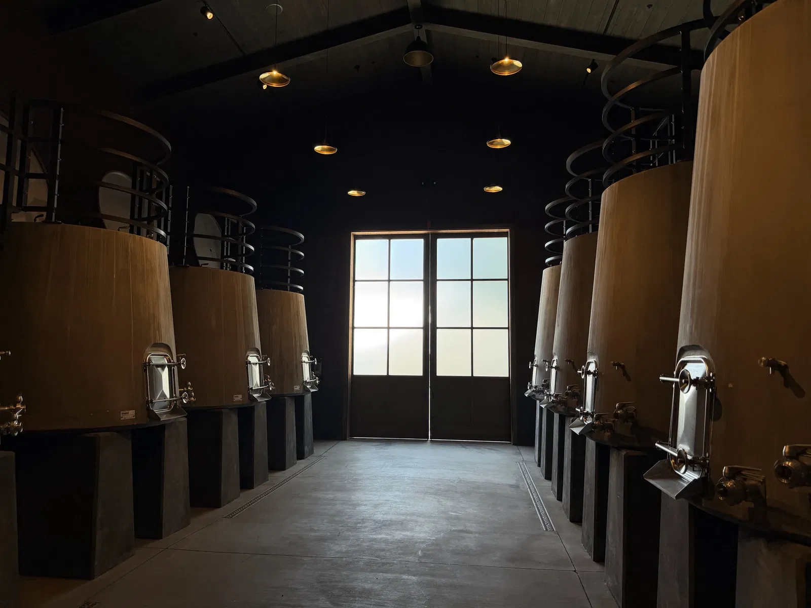 Cement fermenters in the Lotus room at Dana Estates