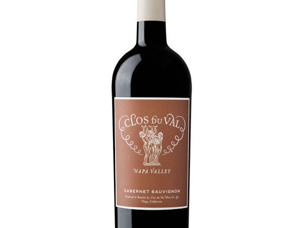 A bottle of Clos du Val Napa Valley Cabernet Sauvignon with a brown label featuring white text and an illustration.