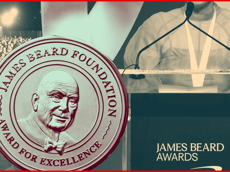 A collage shows the James Beard Foundation Award medal with James Beard's portrait, an audience at an awards ceremony, and the 'James Beard Awards'