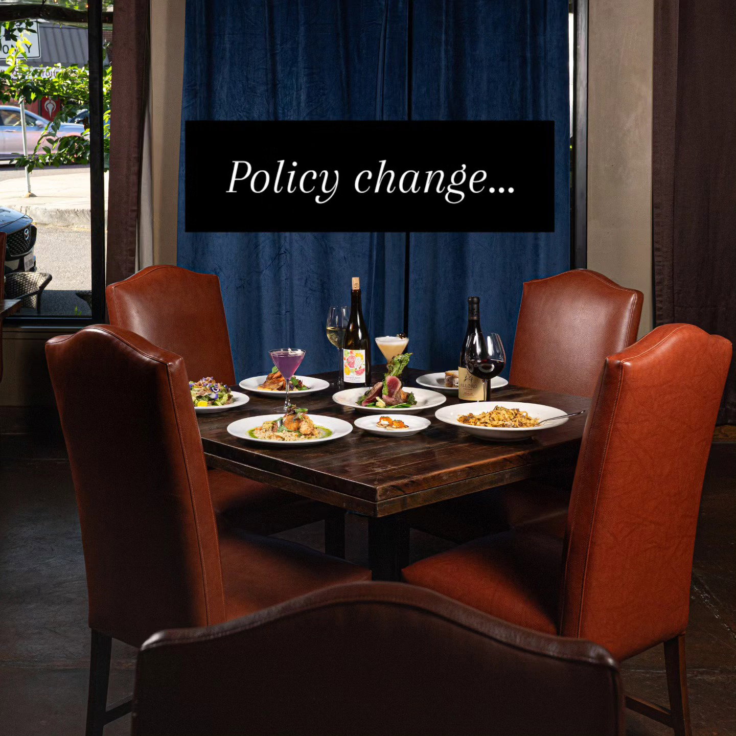 Booking Requirements and Restaurant Policies, featuring a black sign stating 'Policy change...'.