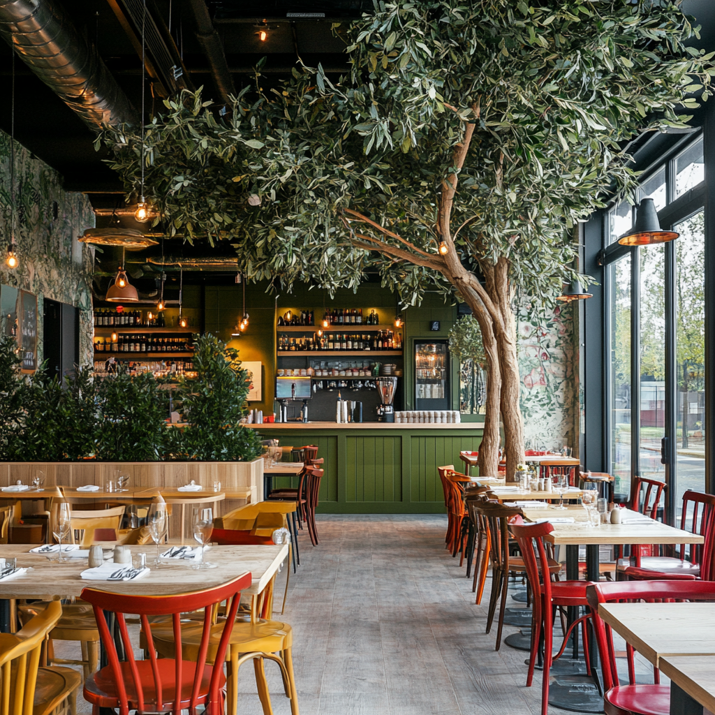 Restaurant Design and Dining Experience features a striking indoor tree, creating a natural and inviting atmosphere.