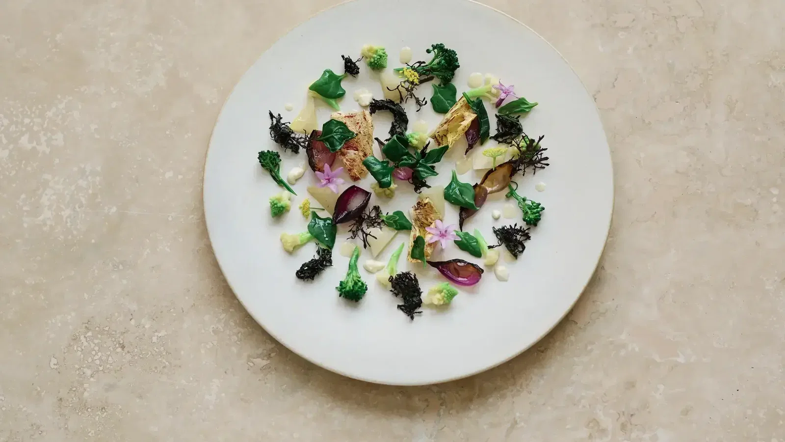 A white plate holds an artfully arranged dish with small portions of green and purple vegetables, dark seaweed, and light-colored sauces.