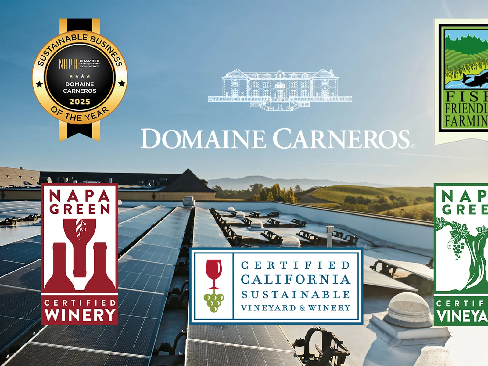 Solar panels on winery roof with Napa Valley landscape and sustainability certifications.