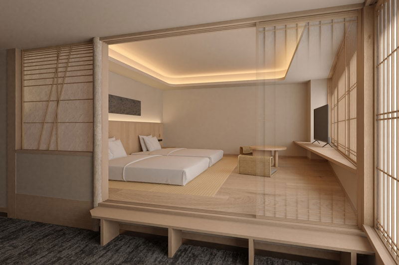 Hotel Fork & Knife Miyajima offers artisan rooms with natural wood finishes, a raised tatami area, and shoji screens.