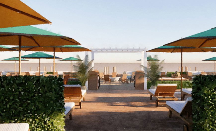 A beach club terrace with lounge chairs, umbrellas, and tropical plants, leading to an ocean view under a white pergola.