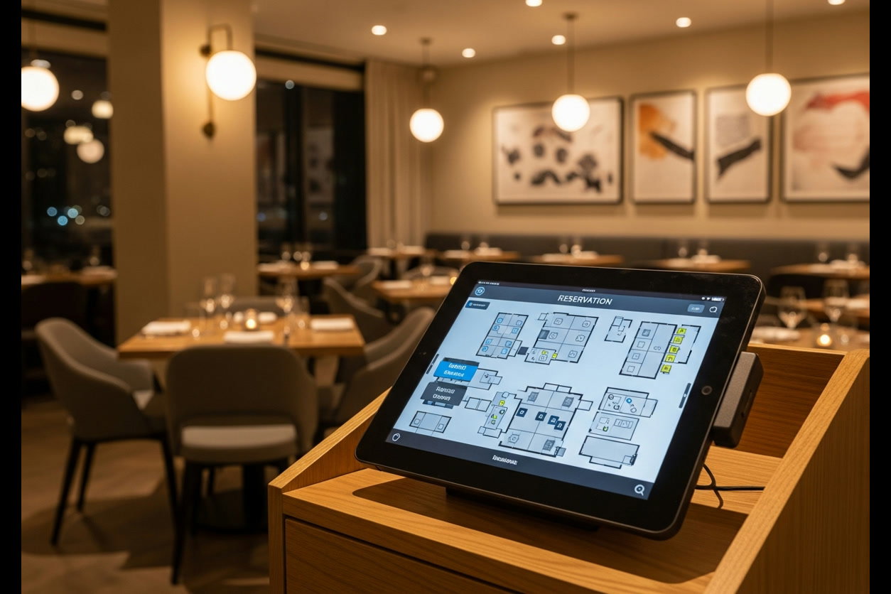 Reservations and Pricing displays a detailed digital floor plan on a tablet at the entrance.