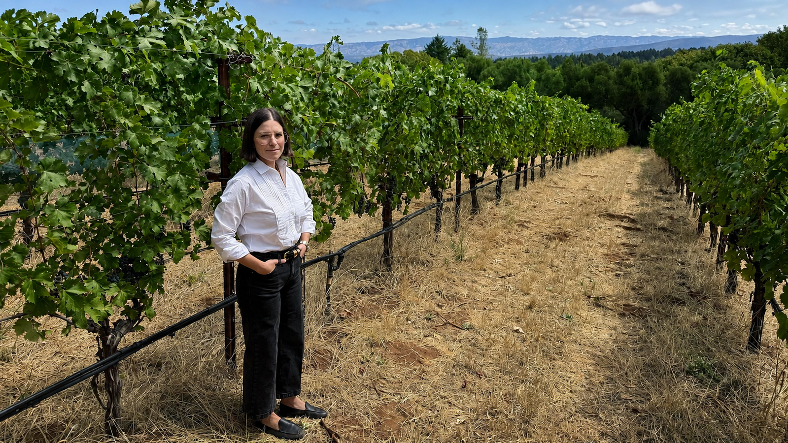 Lily Mirabelle Freedman standing among Dunn Vineyards Cabernet rows high on Howell Mountain
