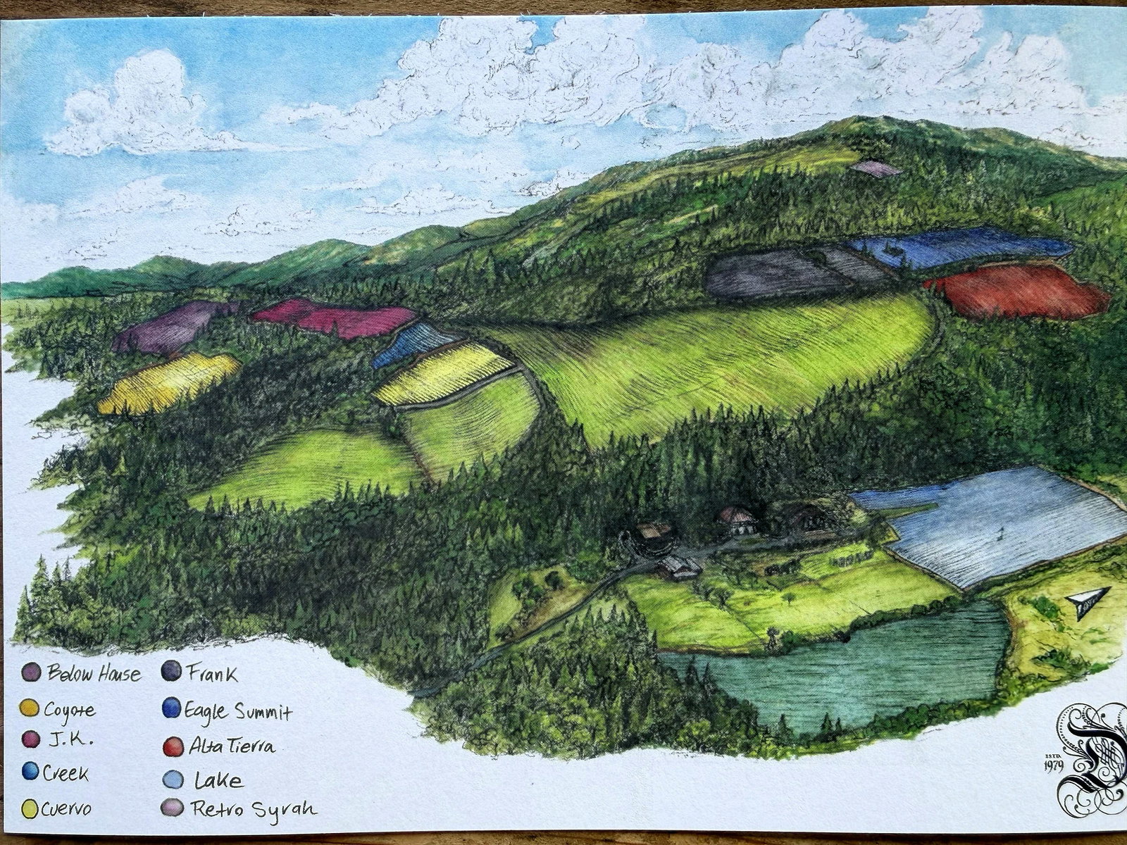 Hand-drawn Dunn Vineyards map labeling ten Howell Mountain vineyard blocks