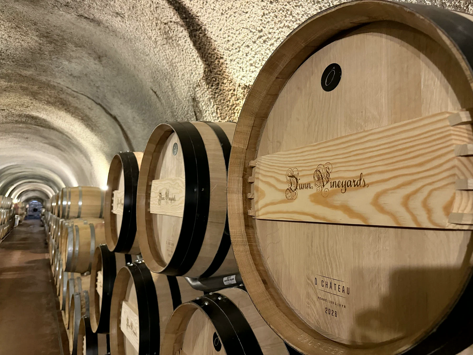 New low-impact French oak barrel branded Dunn Vineyards inside the Howell Mountain cave