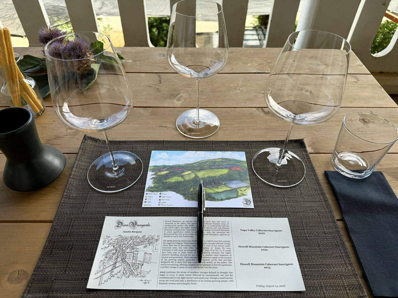 Personalized Dunn Vineyards tasting sheet, illustrated vineyard map and three wine glasses