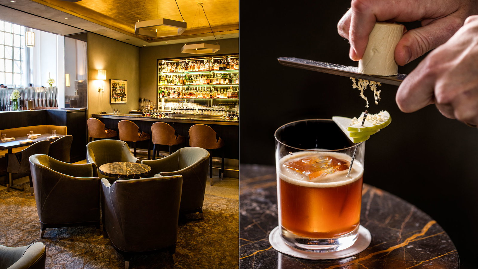 A split-panel image showing a sophisticated bar/lounge area with velvet seating and backlit bottle display (left) and cocktail preparation with grated