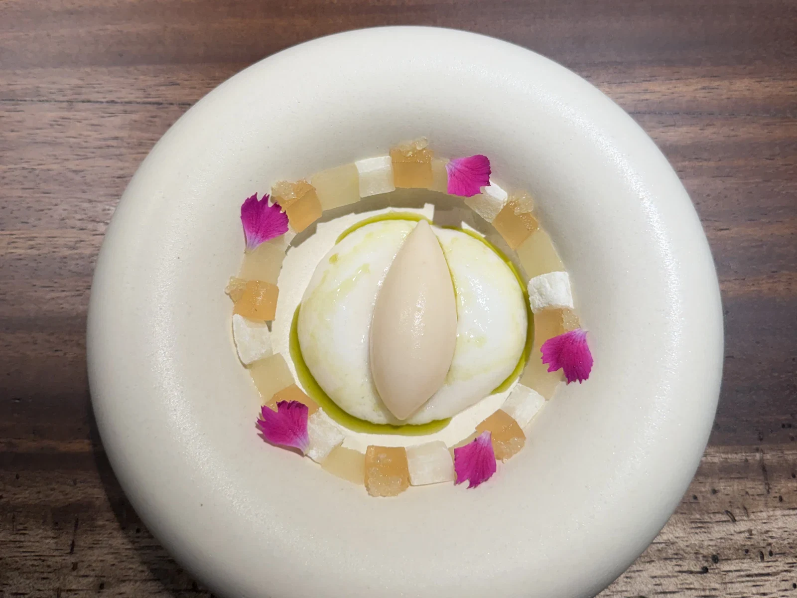 Pear mochi ice cream and olive oil dessert from the first Enclos dinner