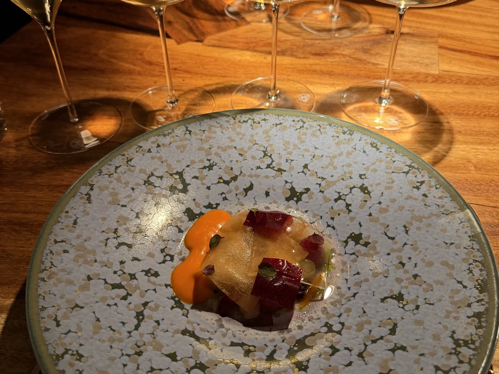 Fruits de Mer course with spot prawn and berries at Enclos