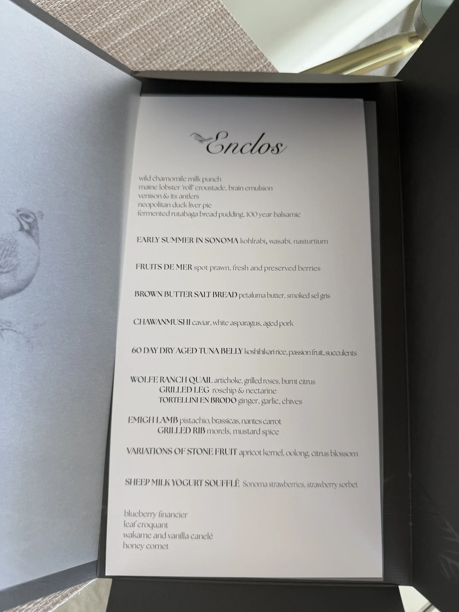Printed Enclos tasting menu from July 24 2026 after the restaurant earned three Michelin stars