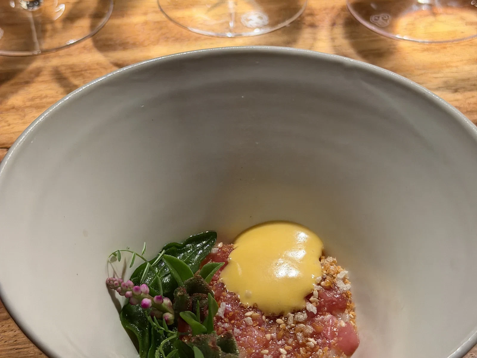 Sixty-day dry-aged tuna belly with koshihikari rice passion fruit and succulents at Enclos