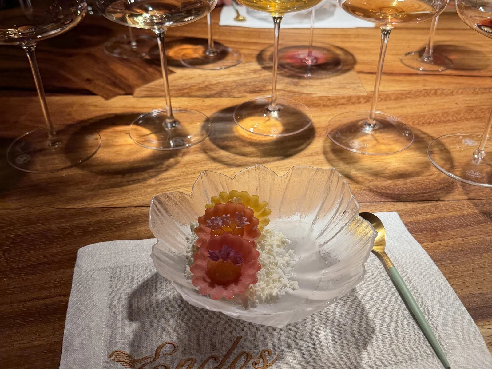 Variations of stone fruit dessert with apricot kernel oolong and citrus blossom at Enclos