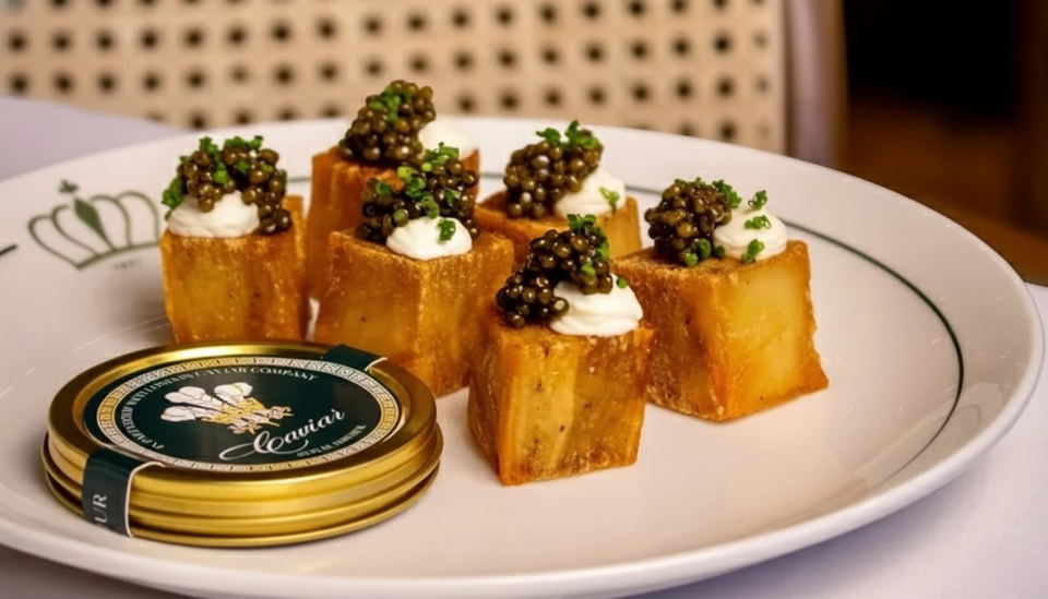 A white plate with a green crown logo holds several golden-brown rectangular potato bites, each topped with white cream, black caviar, and green