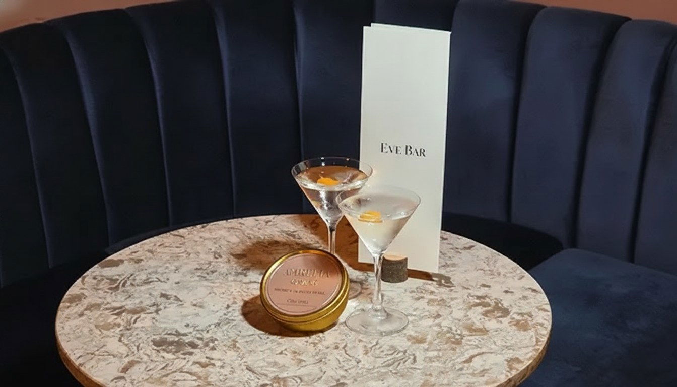 Two martini glasses with orange garnishes and a gold tin labeled "AMRELIA OVAC" sit on a patterned table next to a white menu that reads "EVE BAR".