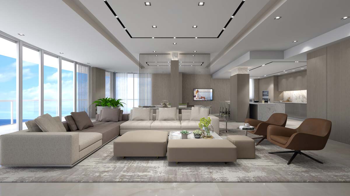A luxurious, open-plan space with neutral furnishings, ocean views, a slatted divider, modern kitchen, and serene mood.