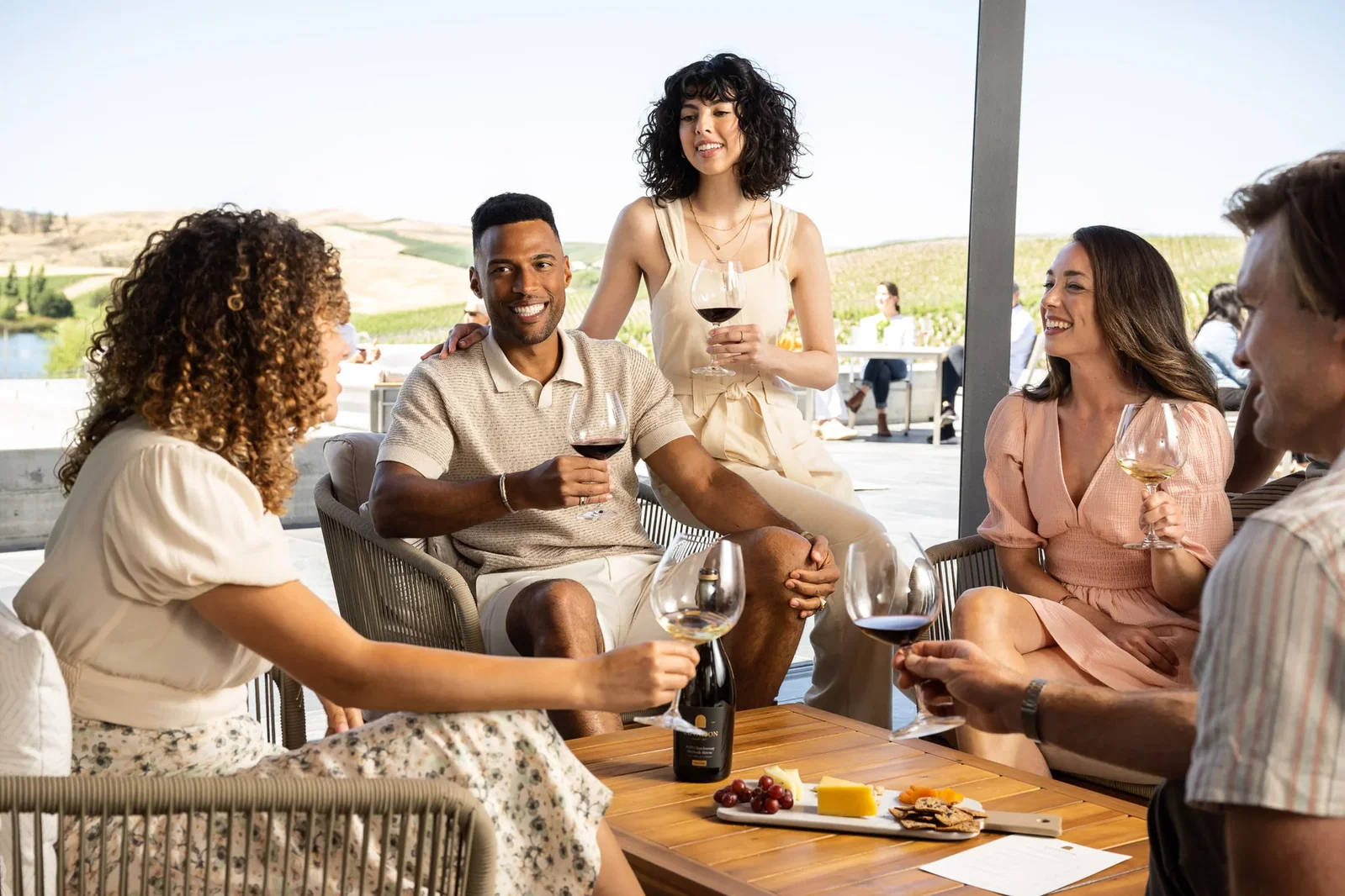 Group of people enjoying wine and cheese on a patio with vineyard views.