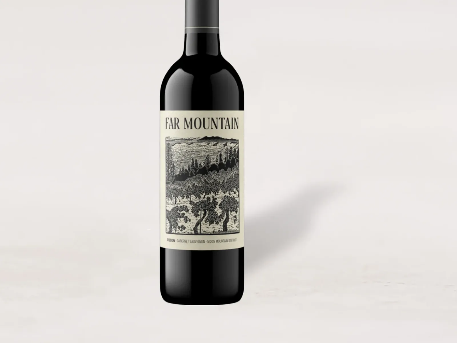 Far Mountain Cabernet bottle with illustrated label on plain background.
