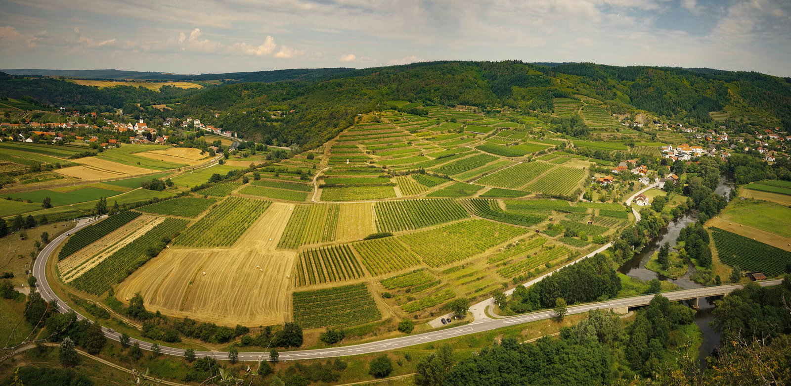 An aerial view of a valley with a river, a road, a town, and many terraced vineyards on the hillsides under a cloudy sky.