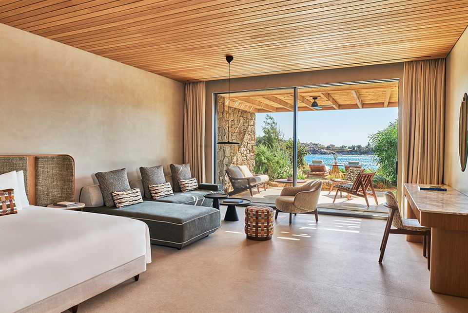 Fouquet's Mykonos: Airy accommodations offer stellar sea views from a luxury room with a timber ceiling.