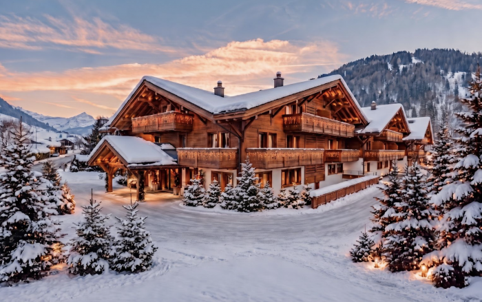 A luxury alpine chalet hotel in a snowy mountain setting at dusk, with traditional Swiss architecture