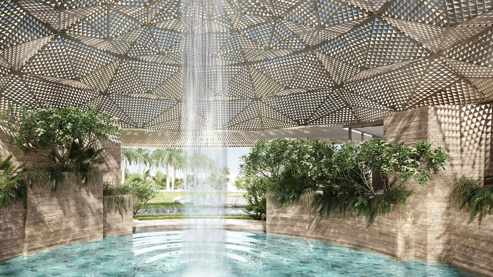 An interior shot of a domed geometric lattice ceiling with a central waterfall cascading into a turquoise pool, flanked by lush planted walls.