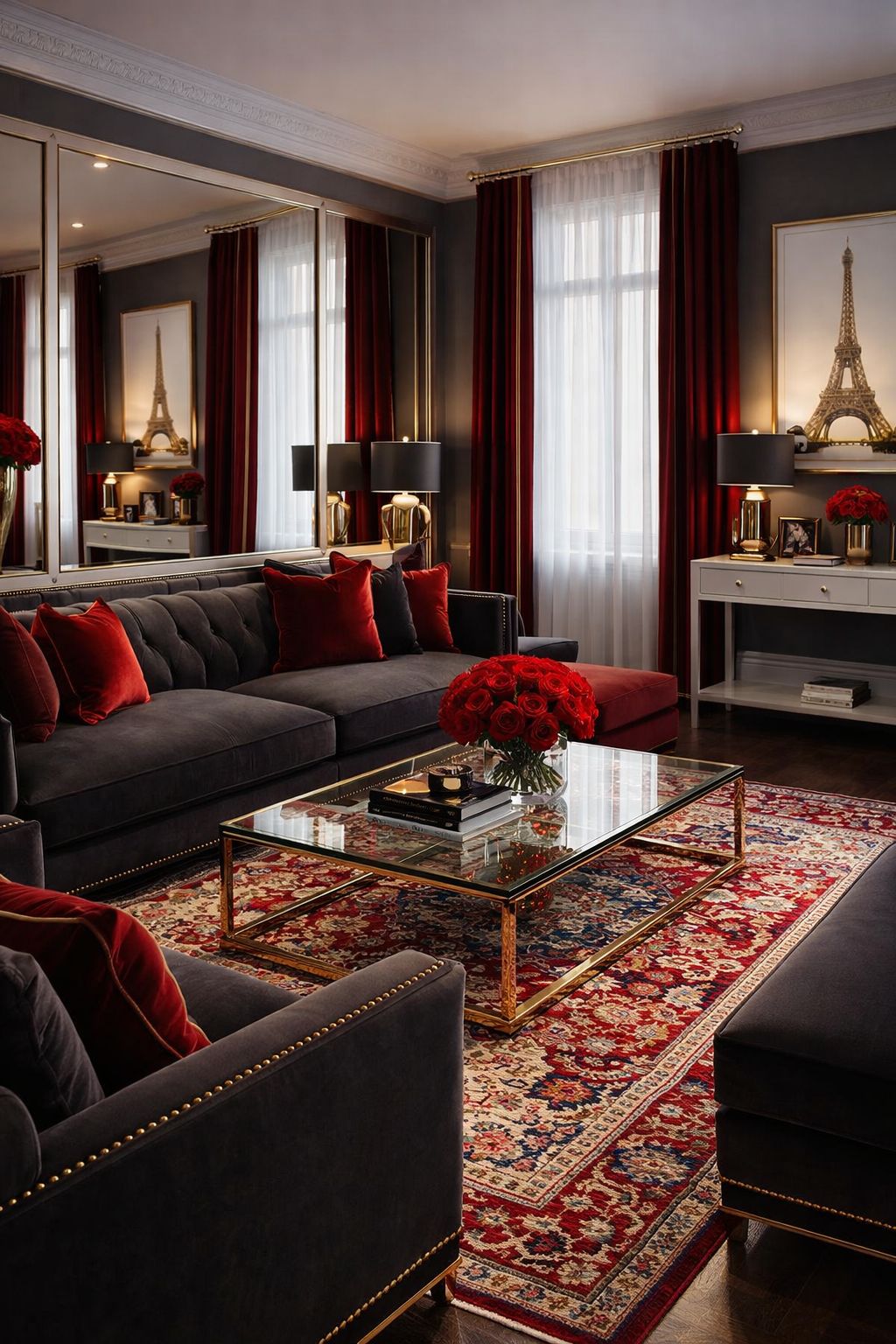 An Intimate, Unforgettable Burgundy Evening, bathed in rich crimson and deep charcoal tones.