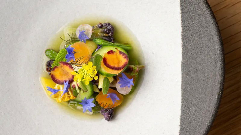 A vegetable dish with edible flowers at Jacaranda, Daniel Patterson's 30-seat Hollywood restaurant.