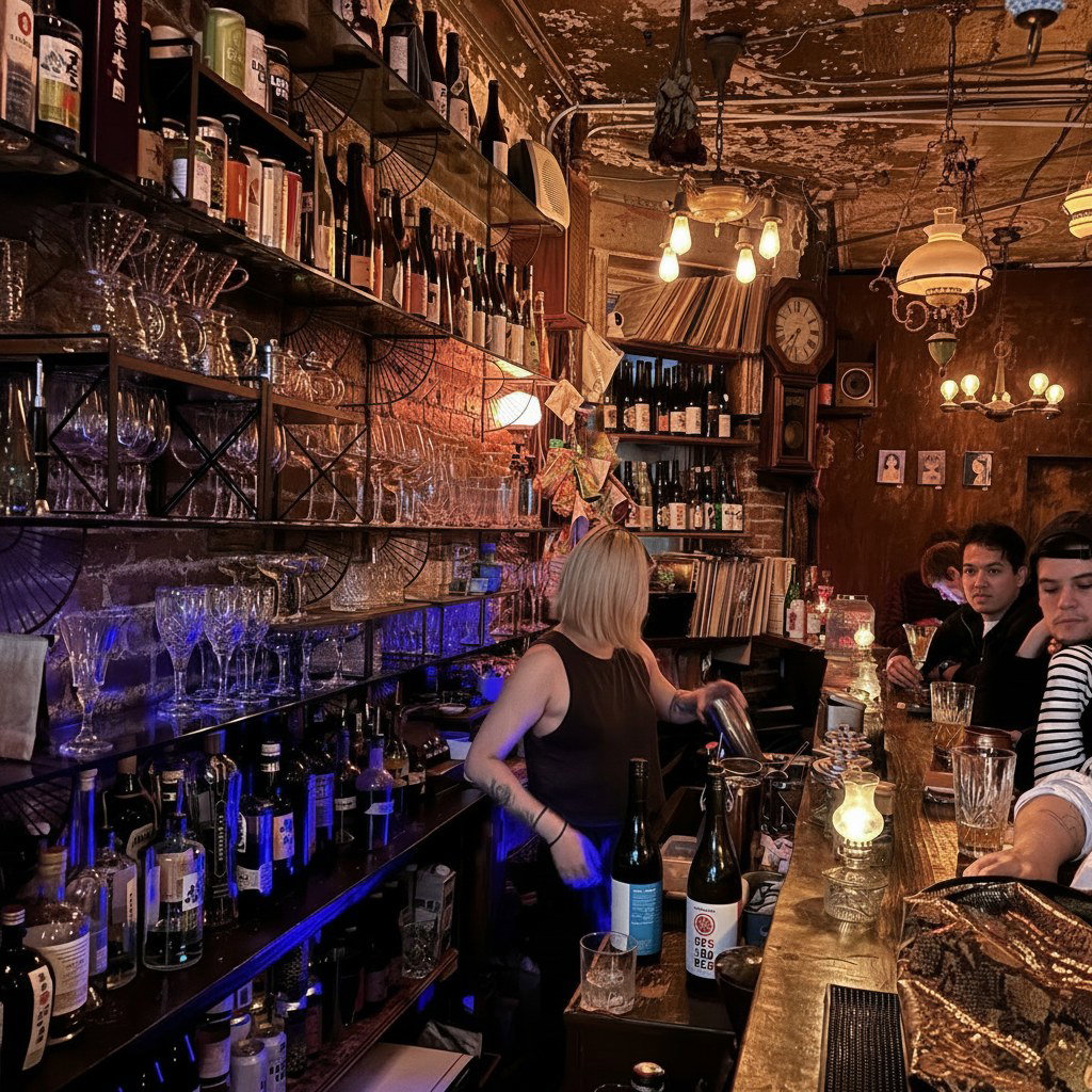 A bartender with blonde hair mixing drinks behind a bar, with shelves of bottles and glasses, and customers seated at the bar.