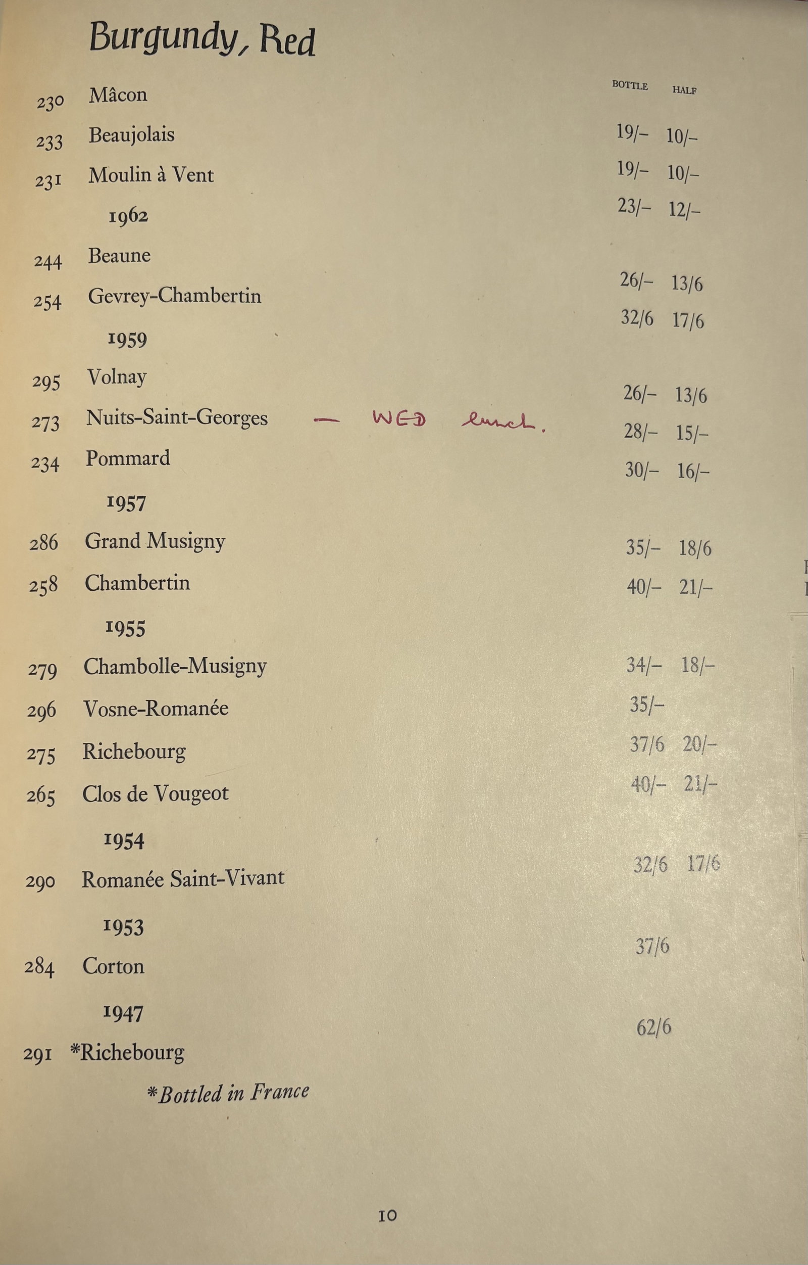 Gleneagles Hotel's vintage wine list, circa 1960s, featuring Burgundy reds and prices in shillings and pence.