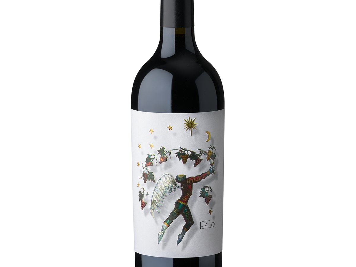 HāLo Cabernet Sauvignon: a bottle of red wine with a distinctive label featuring a winged figure and stars.