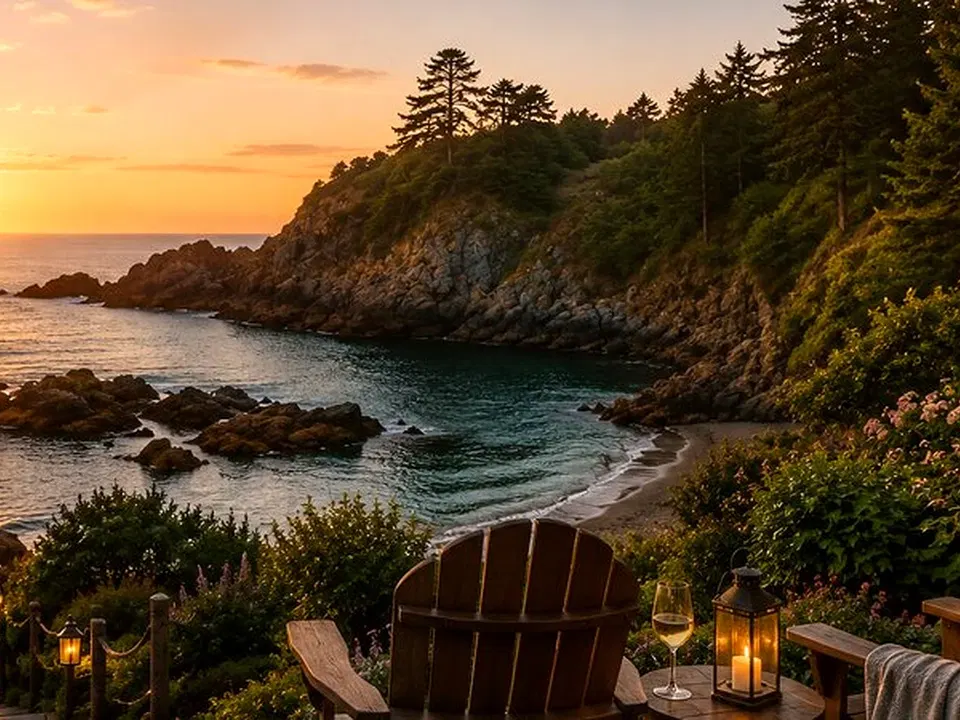 Harbor House Inn private cove glowing at sunset on the Mendocino Coast