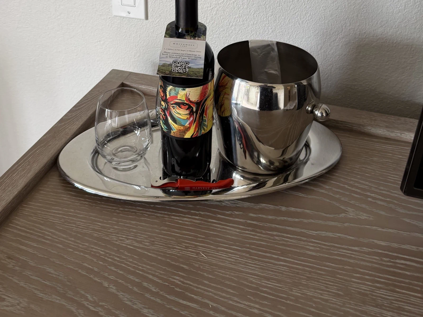 Whitehall Lane Tre Leoni welcome wine in a Harvest Inn Vineyard View room