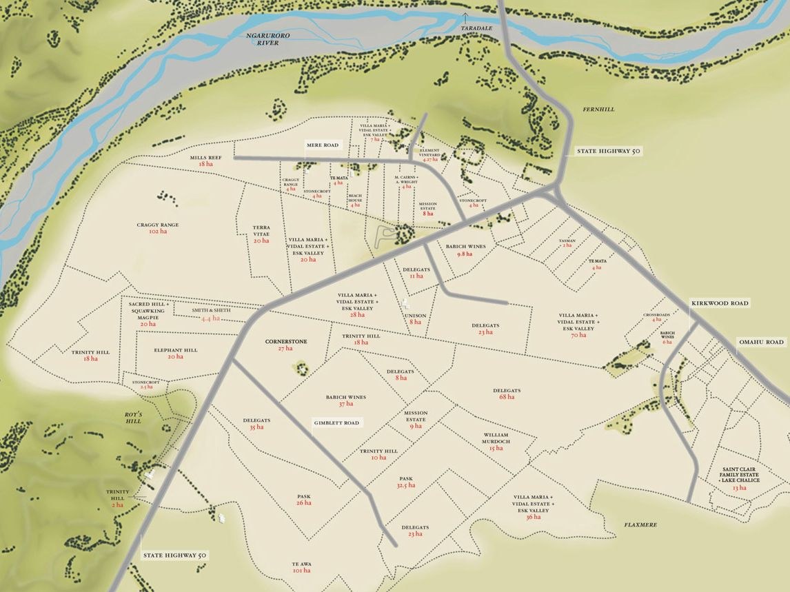A detailed map of vineyards in Hawke's Bay, New Zealand, showing various estates and their sizes in hectares.