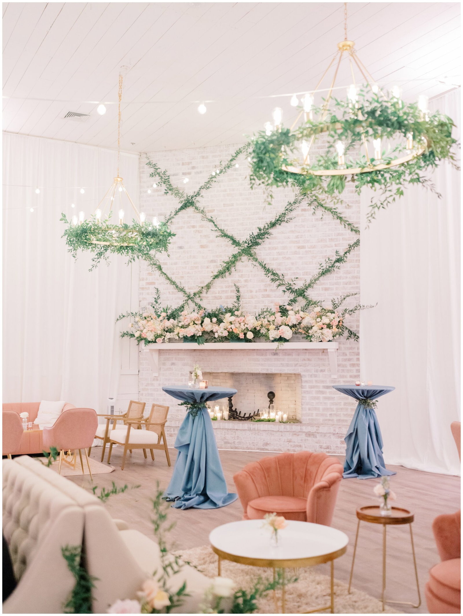 The After Party features chandeliers adorned with lush green foliage.