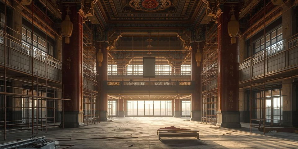 Waldorf Astoria Ardara AlWadi (Abha, Saudi Arabia) features extensive scaffolding within its grand interior.