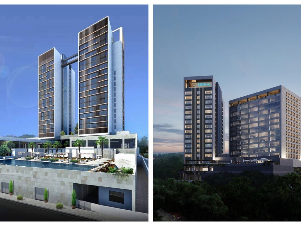 Hilton Hotel Kampala: Architectural renderings showcase the dual-tower luxury hotel complex.