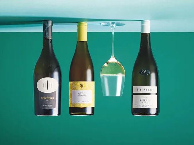 Hombeline Guyon: Three wine bottles and an inverted wine glass on a teal surface.