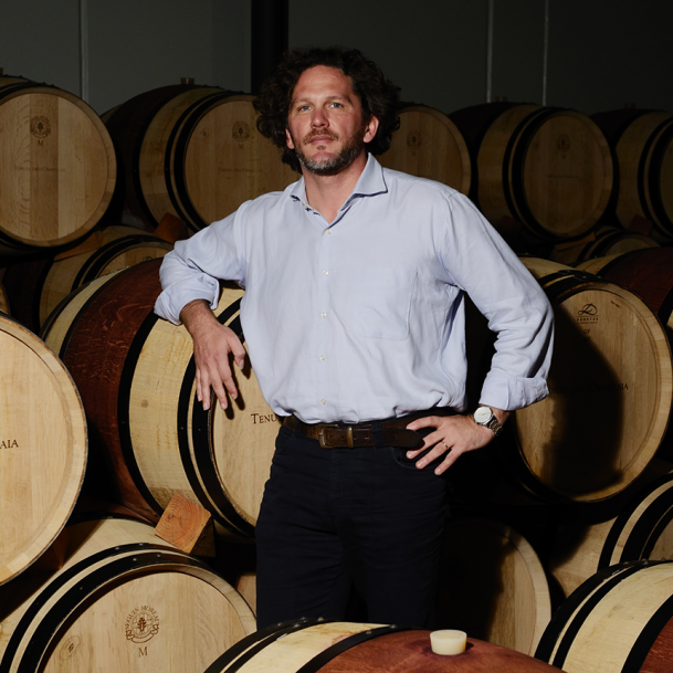 Professional portrait of a man in a white shirt standing among wine barrels in a cellar