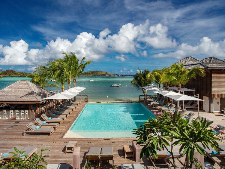 Resort pool overlooking the ocean with palm trees and lounge chairs.