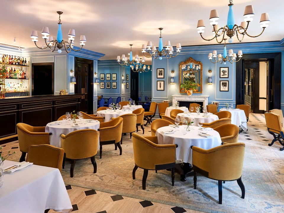 Dining room with round tables, yellow chairs, blue walls, and a bar.