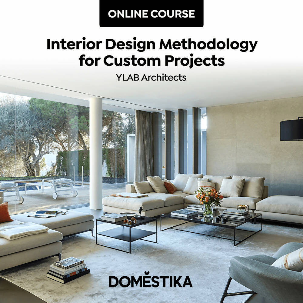 Methodology features a spacious living area with floor-to-ceiling windows overlooking an outdoor patio.