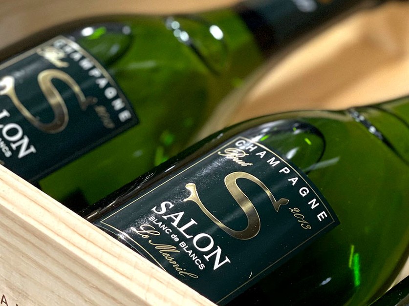 Two bottles of Salon Blanc de Blancs Champagne in a wooden box.