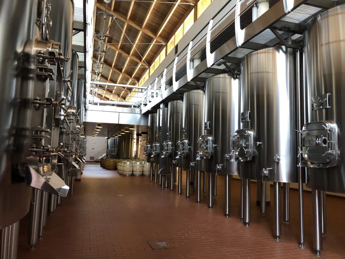 A modern winery fermentation hall with rows of tall, gleaming stainless steel tanks, some labeled "44" and "45", and wooden barrels in the background.