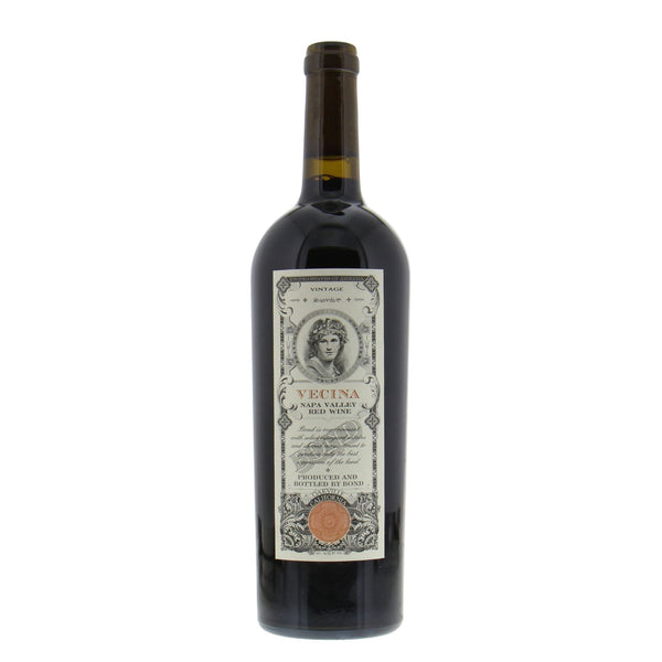 A single wine bottle on white background showing 'VECINA' label with ornate vintage design