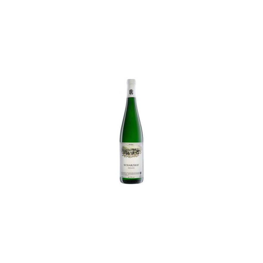 A green glass bottle of white wine with a white capsule and label reading Scharzhof Riesling from the Mosel region.